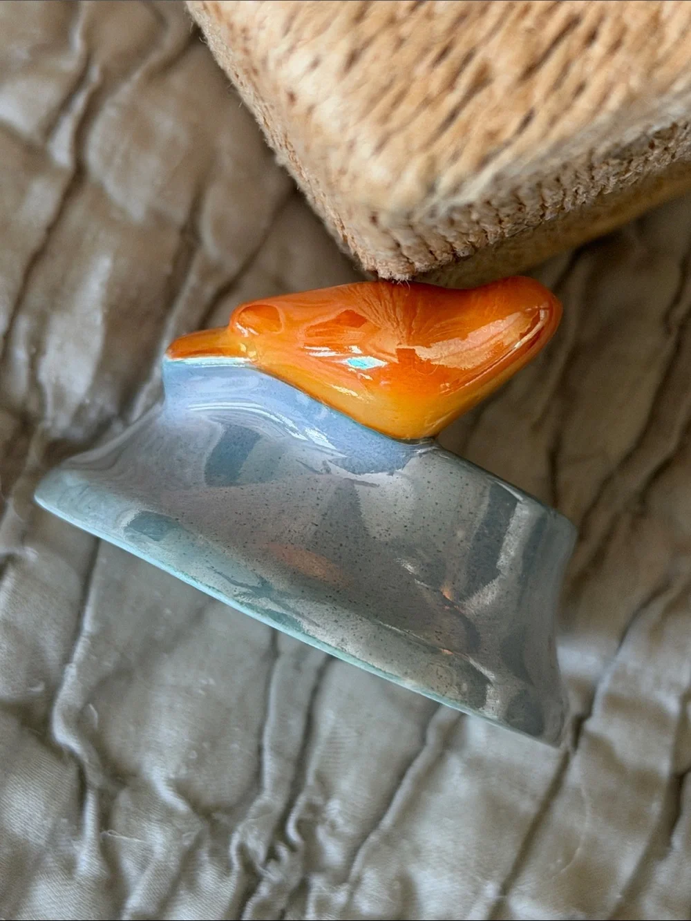 Made in Japan vinegar ring holder Orange bird blue luster dish bottom